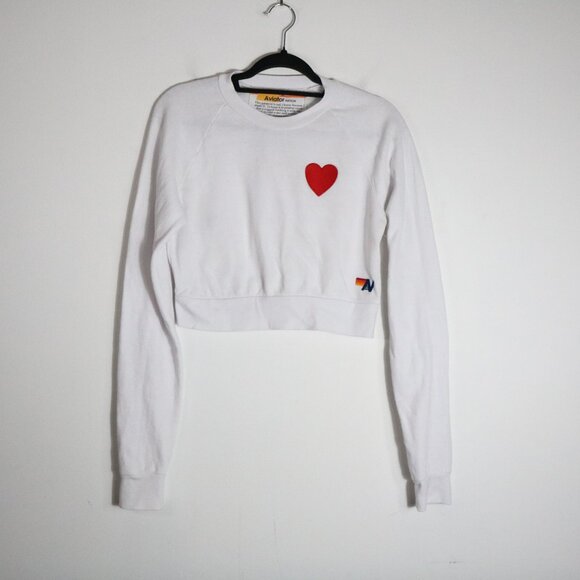 Aviator Nation Heart Cropped Crewneck Sweatshirt Womens Small White Cotton Beach - Picture 1 of 6